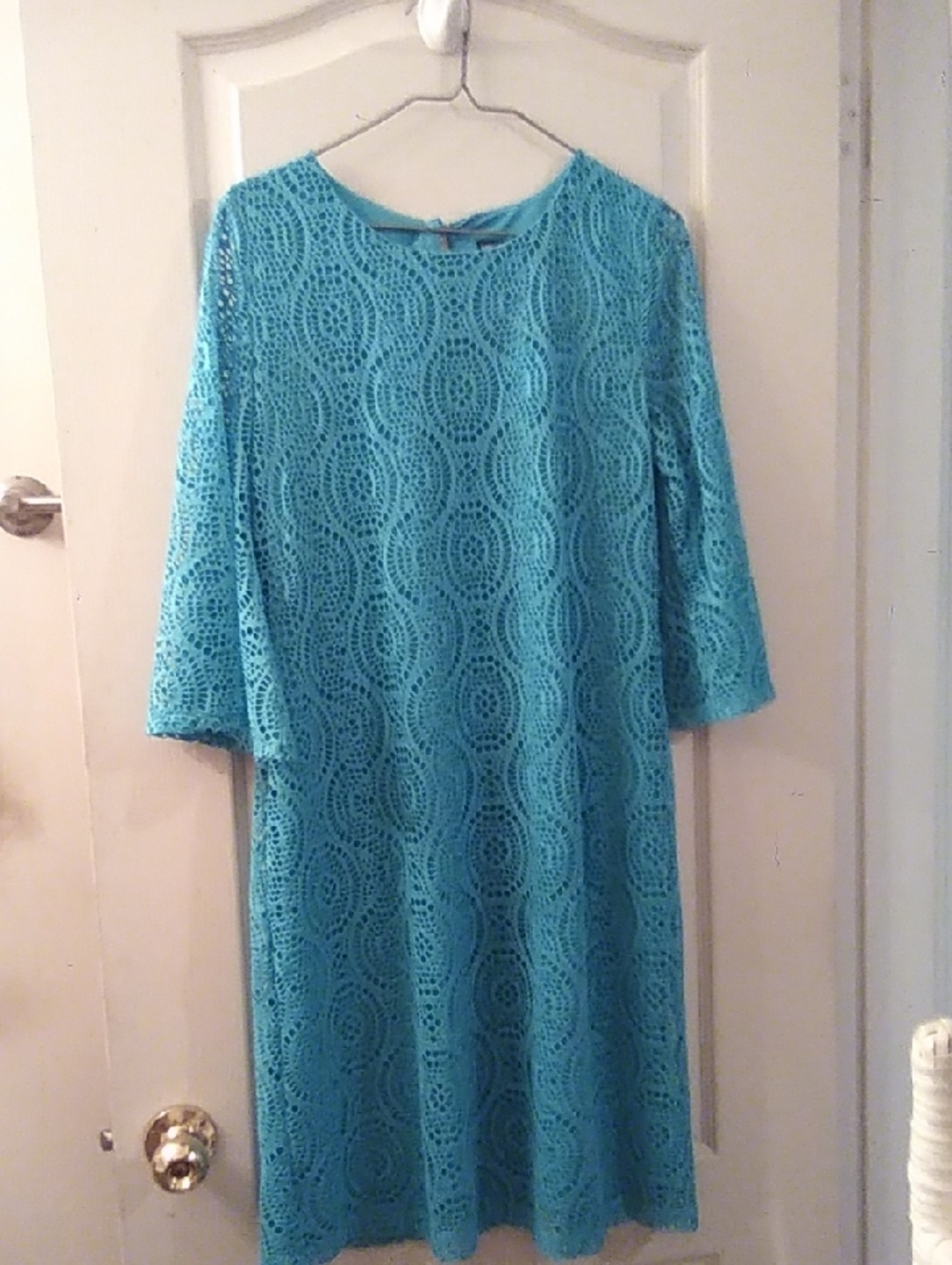 Nina Leonard Teal Crochet Lace Long Sleeve Shift Dress